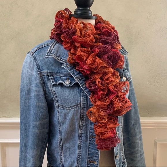 Artisan Handcrafted Ruffled Crochet / Knit Scarf Burgandy Rustic Orange - Picture 1 of 10